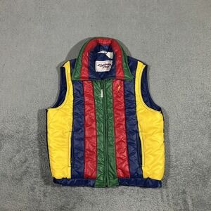 Vintage 70s Lightning Bolt Puffer Rainbow Vest Women Size Large Multi Color